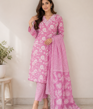 Pink and White Three Piece Cotton Suit Set