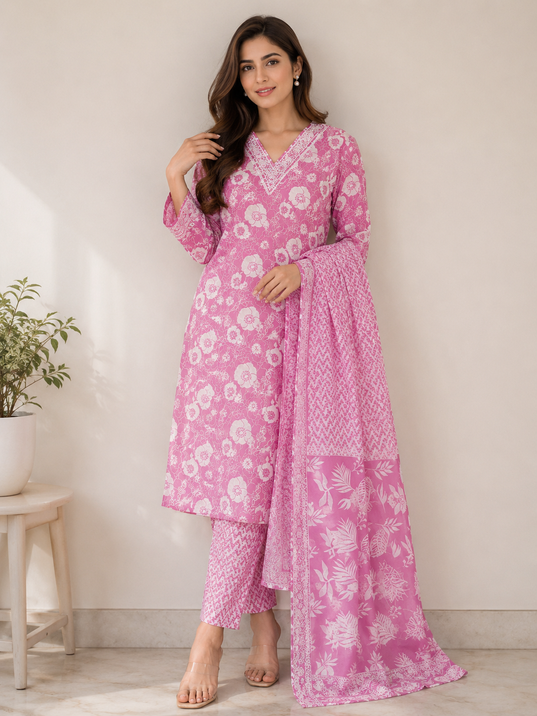 Pink and White Three Piece Cotton Suit Set