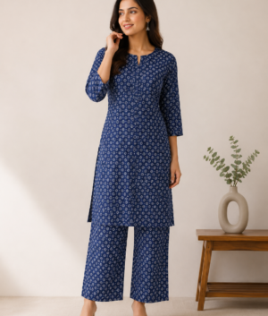 Royal blue cotton cord set with dabu print