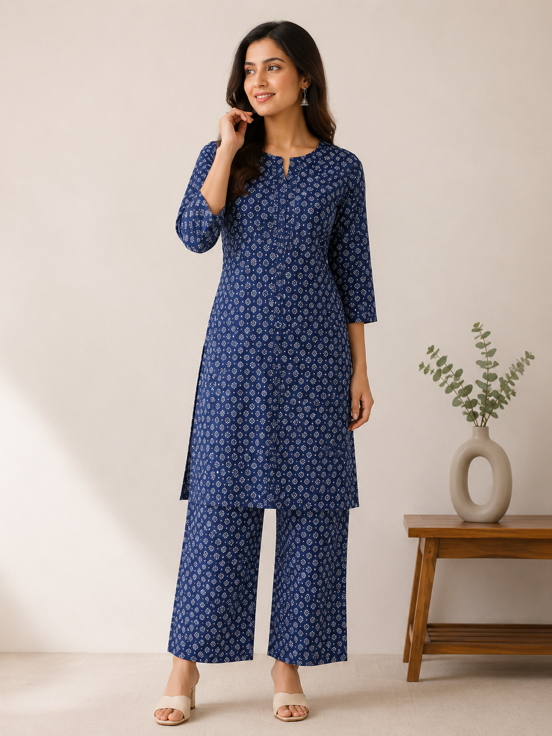 Royal blue cotton cord set with dabu print