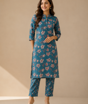 Teal pure cotton cord set with floral print