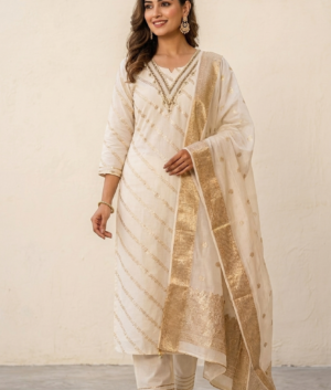 Three Piece Cream Chanderi Silk Suit with Golden Work