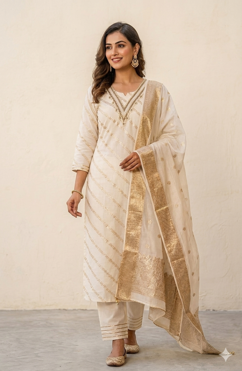 Three Piece Cream Chanderi Silk Suit with Golden Work