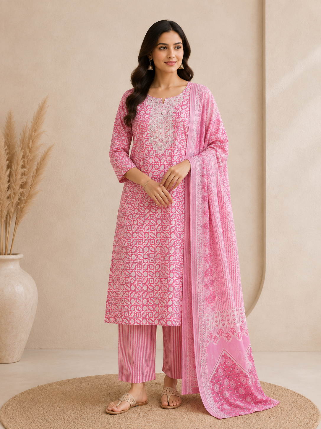 Batik Print Three Piece Suit with Neck Work detailed close-up