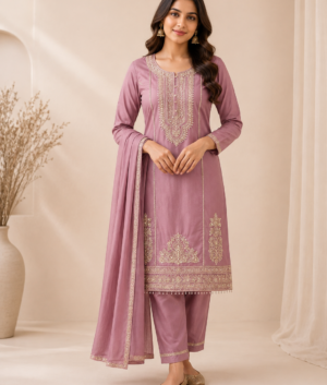 Onion Pink Fully Embroidered Vertican Suit Set with detailed neck embroidery close-up