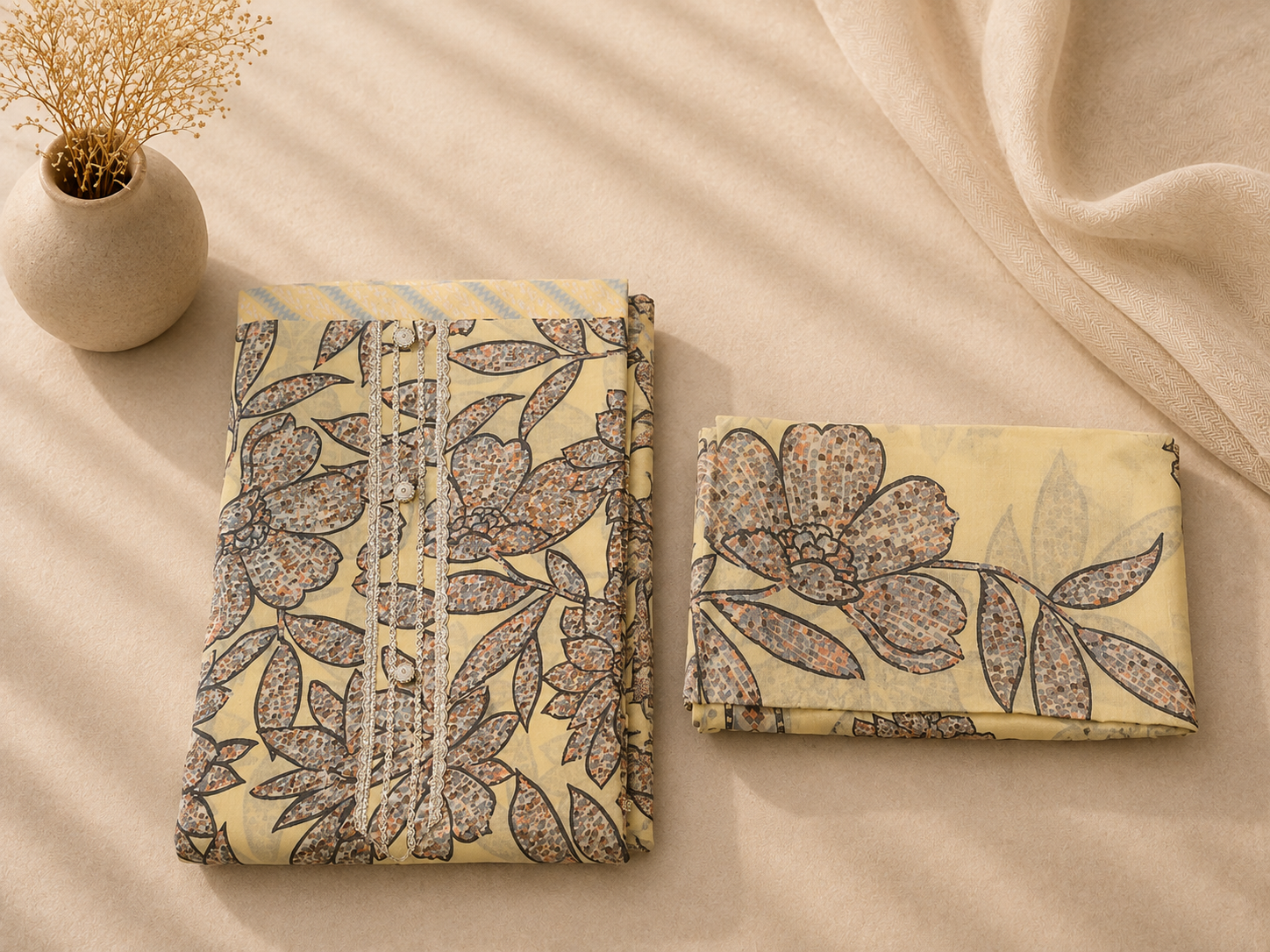 Yellow Floral Suit Set with Neck Work